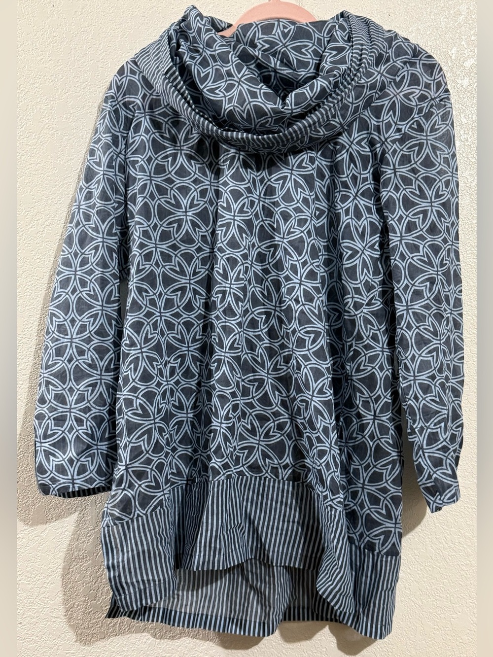 Gretchen Scott Designs Black and Light Blue Geometric Cowl Neck Top